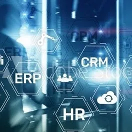 Layered ERP, CRM, and HR architecture concept on a server-room backdrop