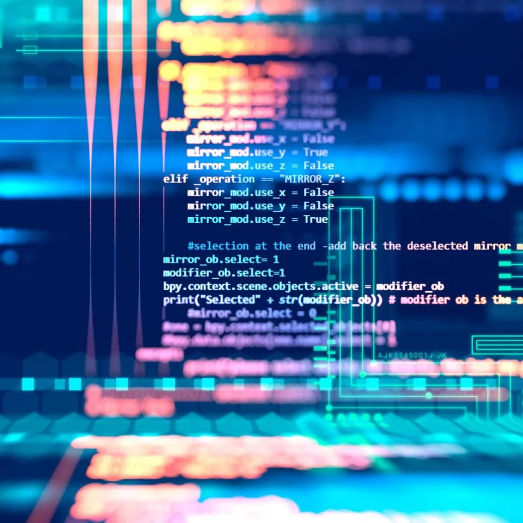 Source code on a screen with abstract data overlay